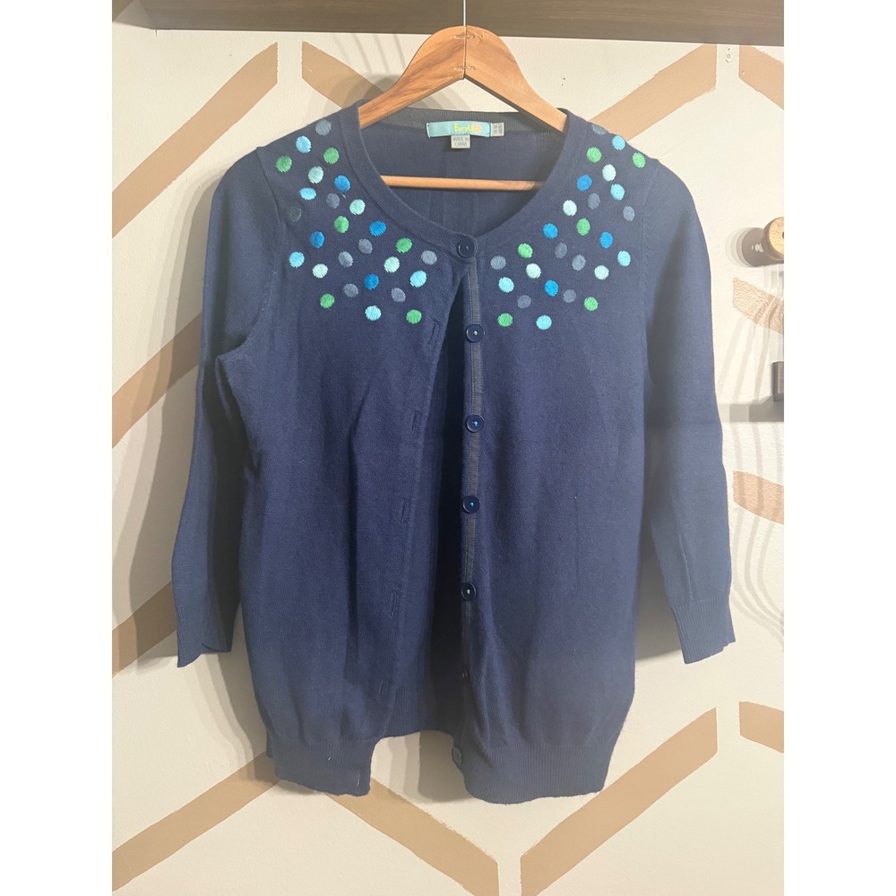 Boden Cardigan Sweater Womens 6 Navy Blue Polka Dot Embroidered Round Neck Knit